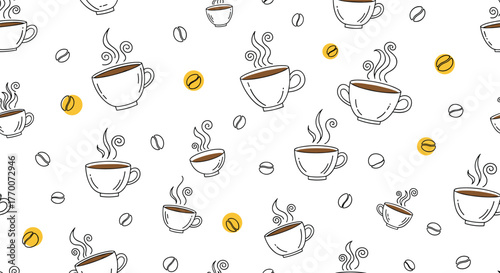 Seamless hand-drawn pattern of steaming coffee cups and scattered coffee beans, perfect for cafe-themed designs or fabric.