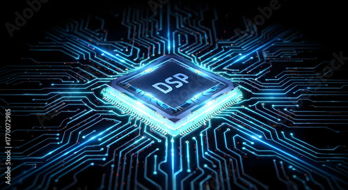 Digital signal processor chip on circuit board with glowing blue light, high tech concept