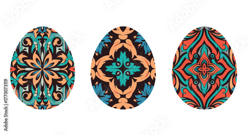 Three decorated Easter eggs with intricate geometric and floral patterns in vibrant colors.