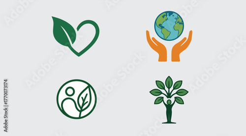 Flat vector of symbolic eco logos on minimalist white background. Represents sustainability, care for nature, and harmony between humans and the planet.