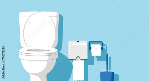 A white toilet with an open lid, toilet paper dispensers, and a toilet brush against a light blue bathroom wall.
