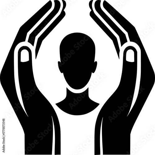 Protection and Well-being: A minimalist emblem of two hands protectively embracing a silhouette figure, a poignant representation of care, security, and human support. 
