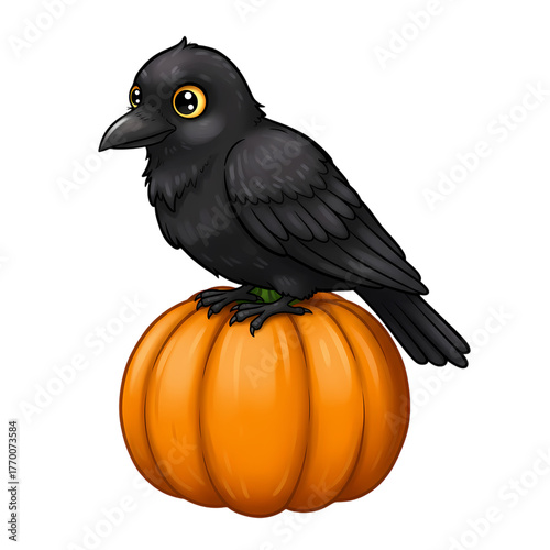 Cartoon crow with yellow eyes perched on a bright orange halloween pumpkin art on transparent background