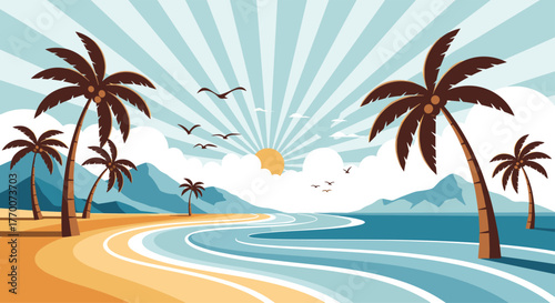 Stylized tropical beach scene with palm trees and a radiating sun at sunrise or sunset.