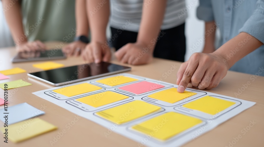 Fototapeta premium Team Collaboration in Design Brainstorming Session with Sticky Notes for App Interface Development