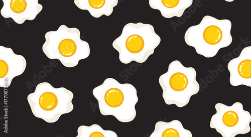 Charming and fun seamless pattern featuring cartoon-style fried eggs with bright yellow yolks scattered across a dark background.