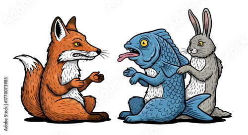 Humorous Trio Fox, Fish, and Hare Confrontation Illustration