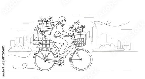 Man riding bicycle with gifts in baskets against city skyline  