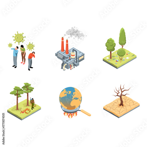 Isometric concept icons representing global warming, pollution, and ecological challenges