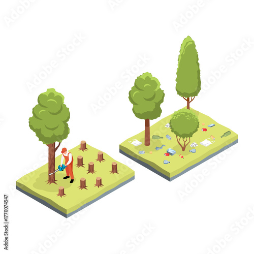 Isometric vector illustration depicting environmental damage through deforestation and park pollution