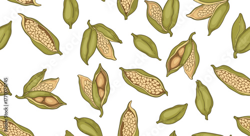 Hand-drawn seamless pattern featuring various green sesame seed pods, some whole and others split open to reveal small seeds.