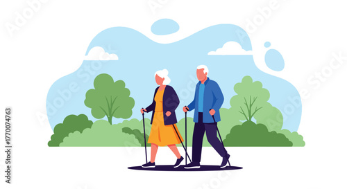Flat vector of senior couple walking in city park with walking sticks, morning exercise promoting health, happiness, and vitality