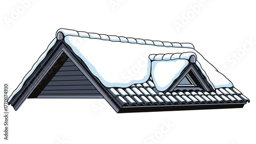 A snowcovered roof with shingles and a gabled dormer