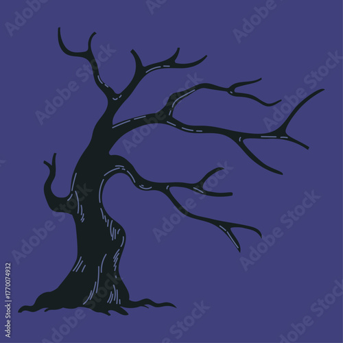 Stylized silhouette of a dark, bare tree against a deep blue background - ideal for Halloween design