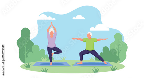Flat vector of senior man doing yoga in garden under morning sunlight, promoting balance, peace, and healthy aging