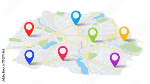 A stylized map with seven colorful location pins