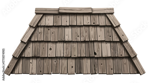 A steeply pitched wooden shingle roof with visible grain and knots