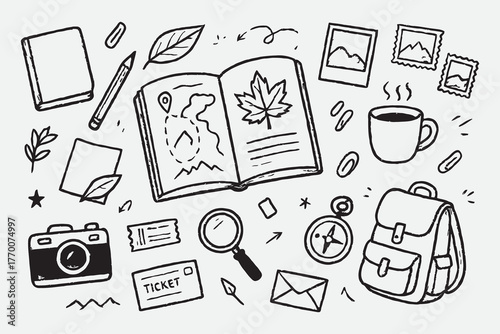 Explorer’s Travel Journal Sketch Set – Hand Drawn Adventure Notebook and Journey Vector Illustration in Black and White