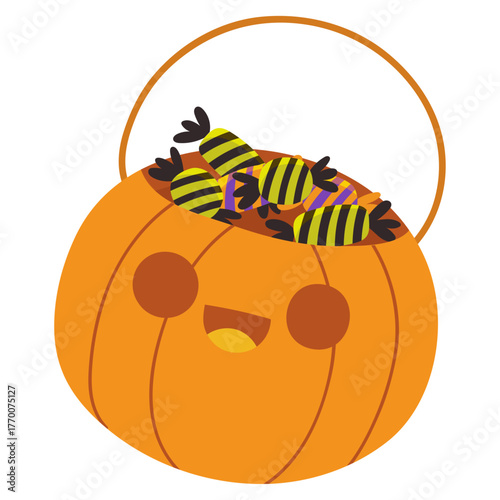Cute Halloween pumpkin bucket filled with candies, perfect for trick-or-treating fun for the holiday