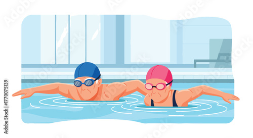 Flat vector of elderly couple swimming in pool, promoting physical fitness and active senior lifestyle concept