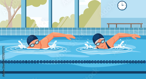 Flat vector of elderly couple swimming in pool, promoting physical fitness and active senior lifestyle concept