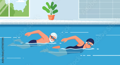 Flat vector of elderly couple swimming in pool, promoting physical fitness and active senior lifestyle concept