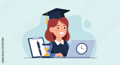 Happy female student in graduation attire studying online with laptop, managing time for education and academic success.