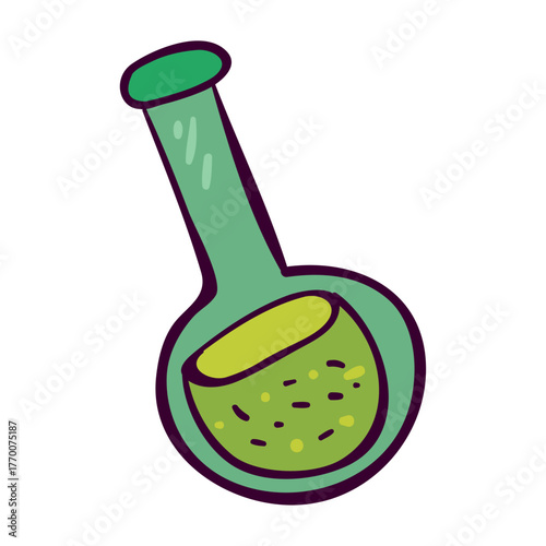 Green liquid bubbling in a round bottom flask, a science experiment illustration