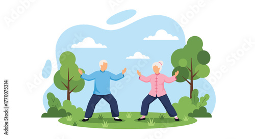 Flat vector of seniors couple practicing tai chi in park, calm outdoor exercise promoting balance, peace, and wellness