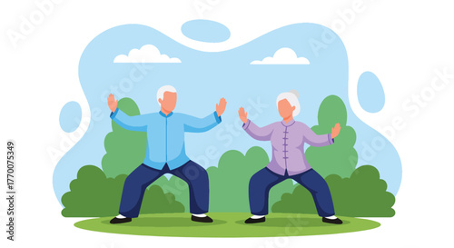 Flat vector of seniors couple practicing tai chi in park, calm outdoor exercise promoting balance, peace, and wellness