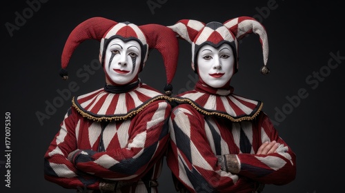 Vintage Harlequin and Pierrot Duo in Elaborate Stage Attire Displaying Artistic Expression and Timeless Theater Charm