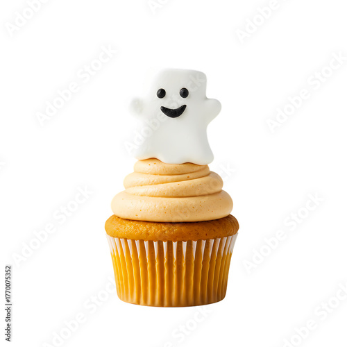 Halloween cupcake with a marshmallow ghost on top against a on transparent background