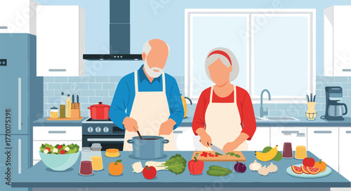 Flat vector of elderly couple cooking healthy food together, promoting wellness, nutrition, and happiness