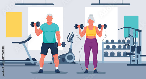 Flat vector of senior couple lifting dumbbells in gym, promoting strength, balance, and healthy aging fitness