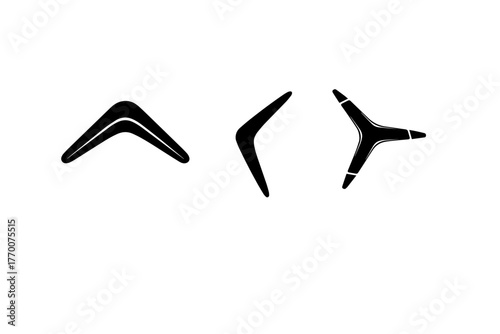 Vector silhouette of Three black boomerang shapes on white background.