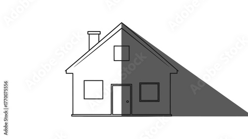 Line drawing of a house with a shadow cast on its right side