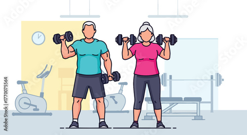 Flat vector of senior couple lifting dumbbells in gym, promoting strength, balance, and healthy aging fitness
