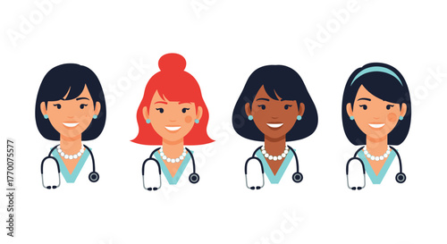 Group of diverse female doctors and healthcare professionals smiling, wearing stethoscopes and pearl necklaces, symbolizing care and medical expertise.