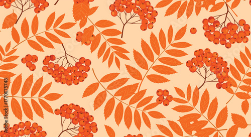 Seamless pattern with vibrant orange and red rowan berries and detailed autumn leaves on a warm, soft background.