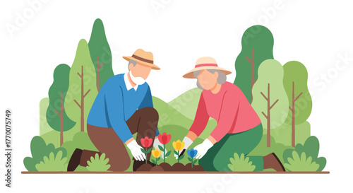 Flat vector of senior couple gardening outdoors, planting flowers for relaxation, joy, and physical health