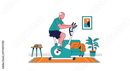 Flat vector of elderly man using stationary bike indoors, maintaining fitness and active health routine