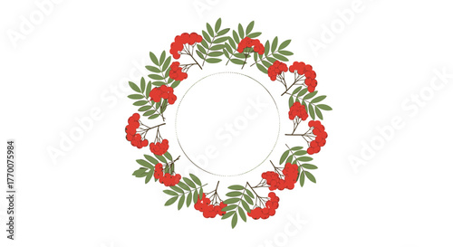 Round frame made of red rowan berries and green leaves, perfect for autumn or winter design elements and invitations.