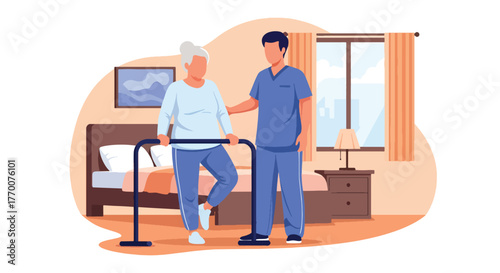 Flat vector of senior elderly woman doing balance therapy with trainer, promoting strength, stability, and safe movement