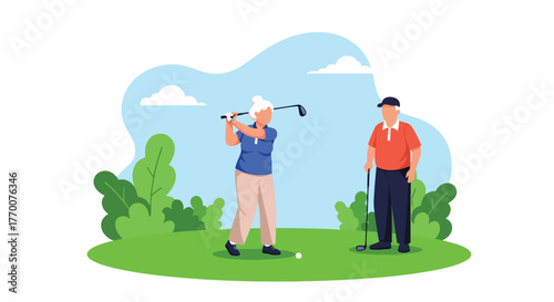 Flat design vector of senior couple practicing golf on green field, leisure sport and wellness activity