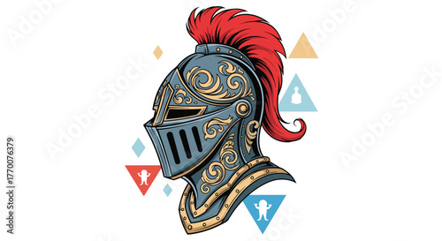 Ornate medieval knight's helmet with a red plume and decorative gold accents, set against a white background with abstract geometric shapes.