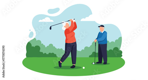 Flat design vector of senior couple practicing golf on green field, leisure sport and wellness activity