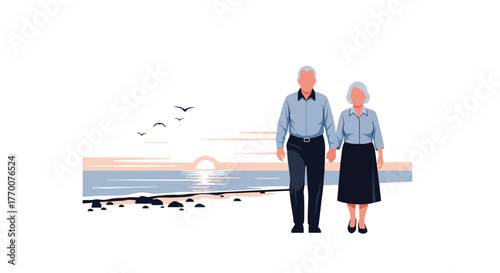 Flat vector of senior couple walking together by seaside during sunset, calm relaxation and emotional wellness
