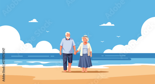 Flat vector of senior couple walking together by seaside during sunset, calm relaxation and emotional wellness