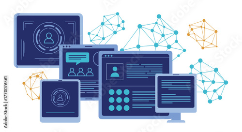 Multiple digital devices showcasing diverse user interfaces and network connections symbolize integrated technology and data sharing.