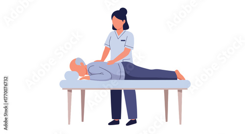 Flat vector of senior man receiving physiotherapy from doctor in clinic, physical recovery and rehabilitation theme